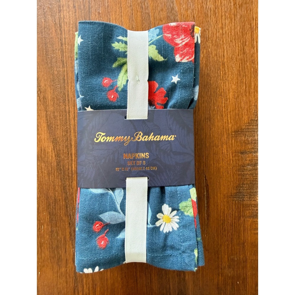 Tommy Bahama Navy Floral Napkins Set of 8 Blue Daisy Berry 18x18 NWT